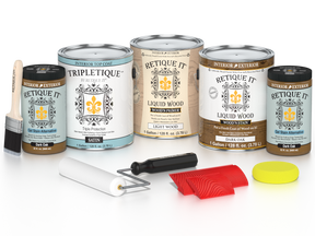 Retique It® Wood'n Finish Kit in Dark Oak, large size, with satin interior top coat, showing wood finish application on sample wood.