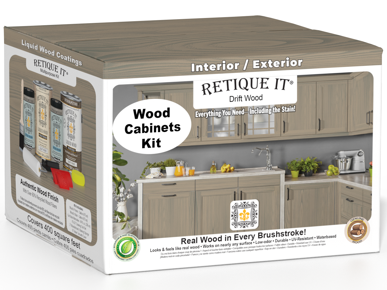 Retique It Wood'n Cabinet Kit with 48 driftwood-grained stained cabinet doors, featuring natural wood texture and finish.