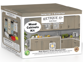 Retique It Wood'n Cabinet Kit with 48 driftwood-grained stained cabinet doors, featuring natural wood texture and finish.