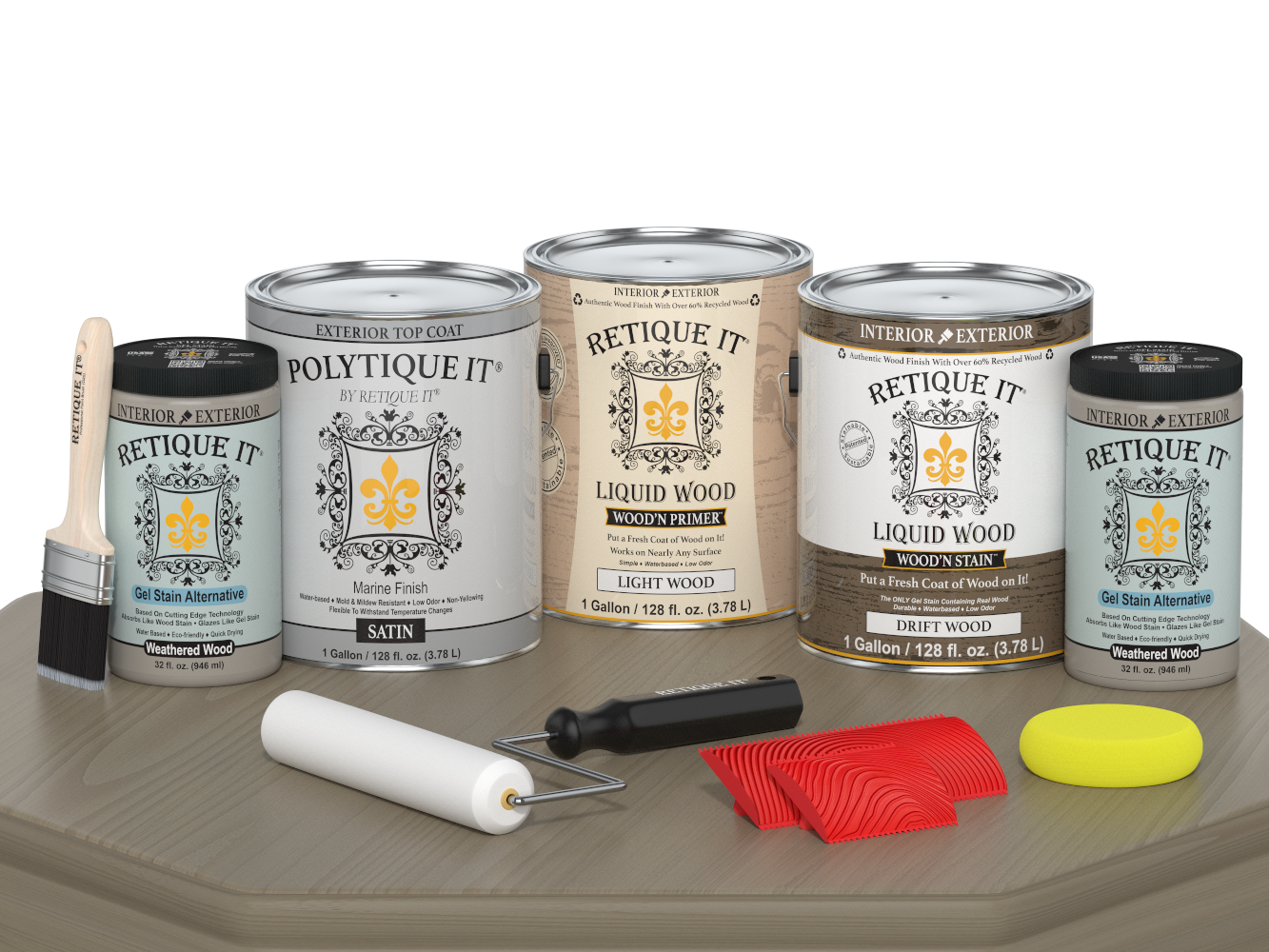 Retique It® Wood'n Finish Kit with four large driftwood exterior top coat bottles, satin finish, displayed on a table.