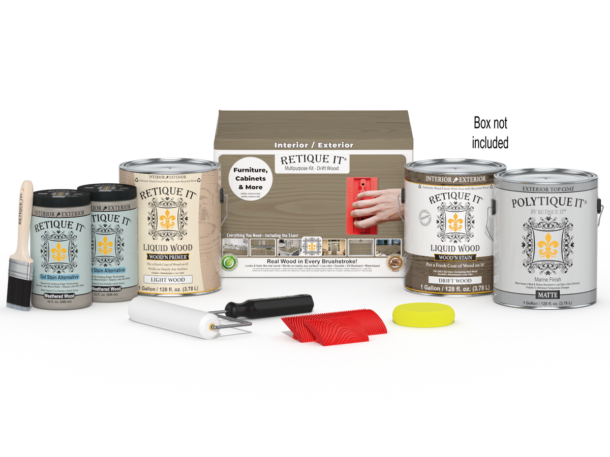 Retique It® Wood'n Finish Kit with four large driftwood exterior top coat containers and application tools in a box.