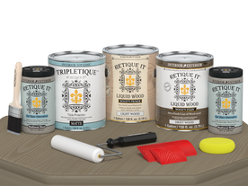Retique It Wood'n Kit Drift Wood interior top coat set with four large matte finish bottles on a table.