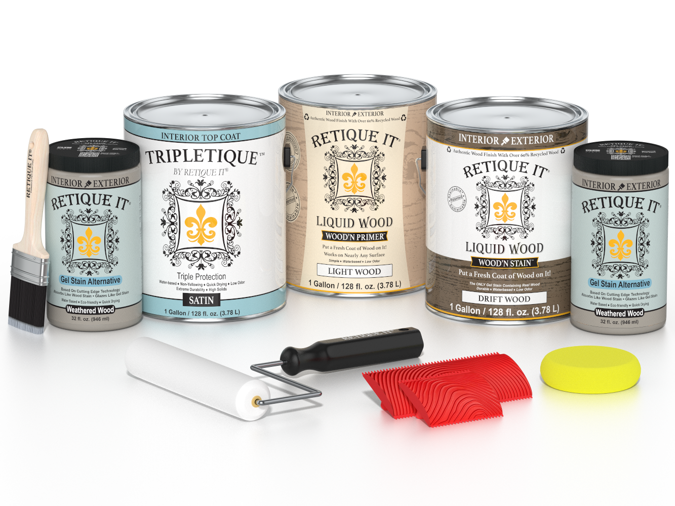 Retique It® Wood'n Kit with four large driftwood finish top coats, satin interior wood finish kit for versatile wood projects.