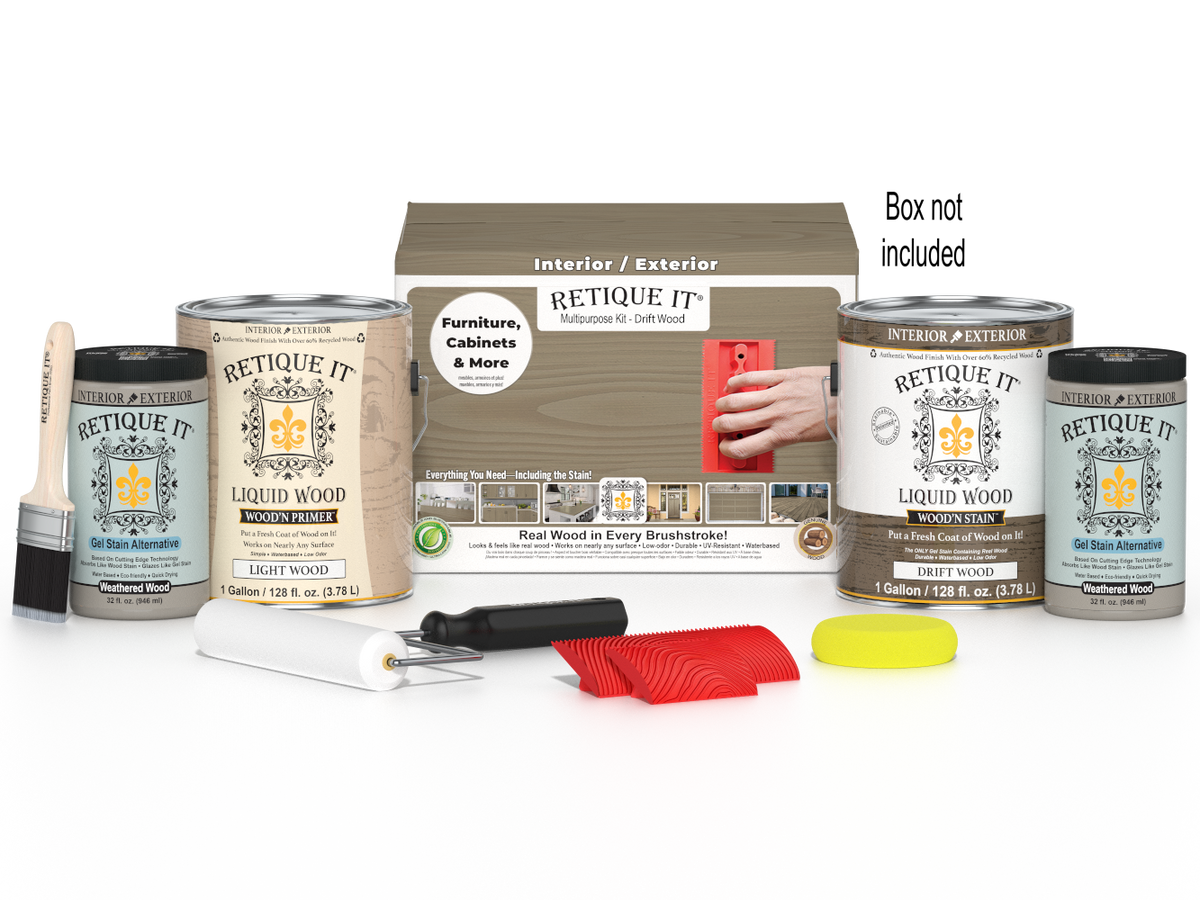 Retique It® Wood'n Finish Kit with four large driftwood-colored wood finishing products, shown in a box.