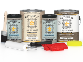 Retique It® Wood'n Finish Kit in Driftwood, 4-piece large set, with wood stain and finish products for furniture restoration.