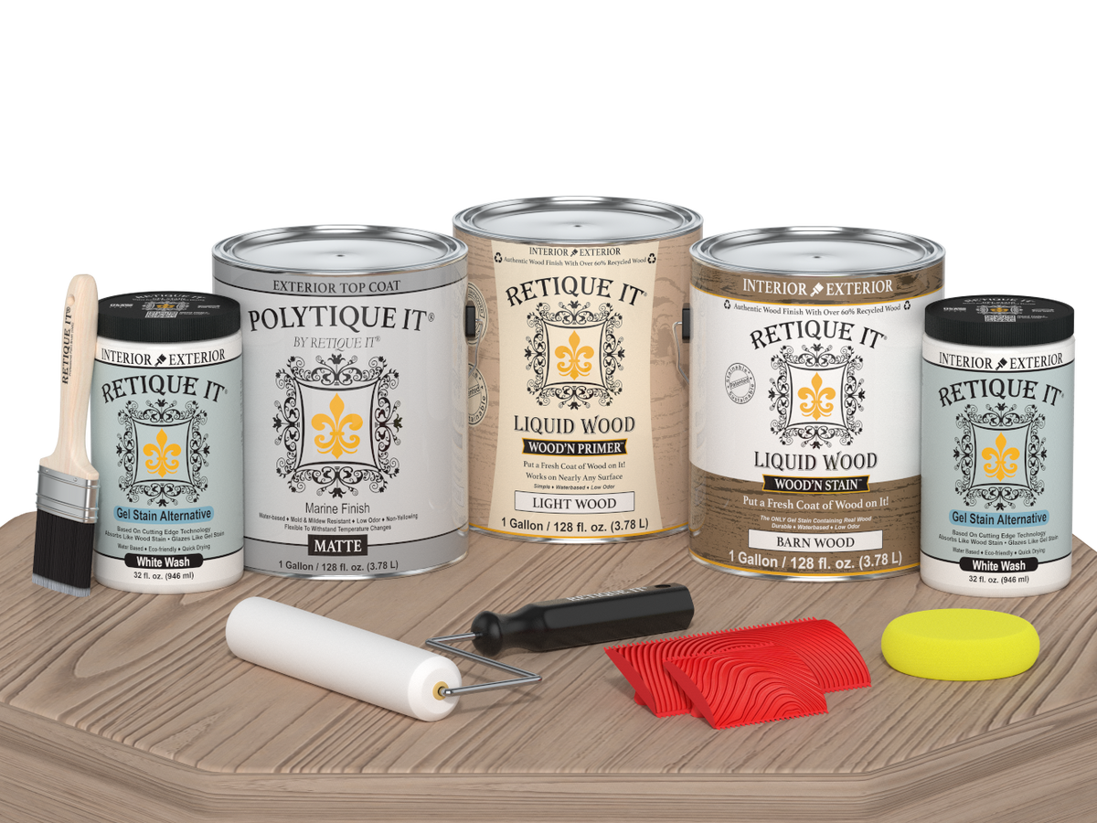 Retique It® Wood'n Kit French Oak exterior top coat set with four large wood finish kits on a table in matte finish.