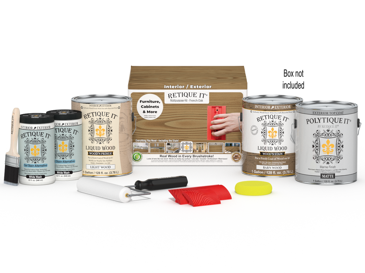 Retique It® Wood'n Kit French Oak exterior top coat set with four large wood finish applicators and packaging.