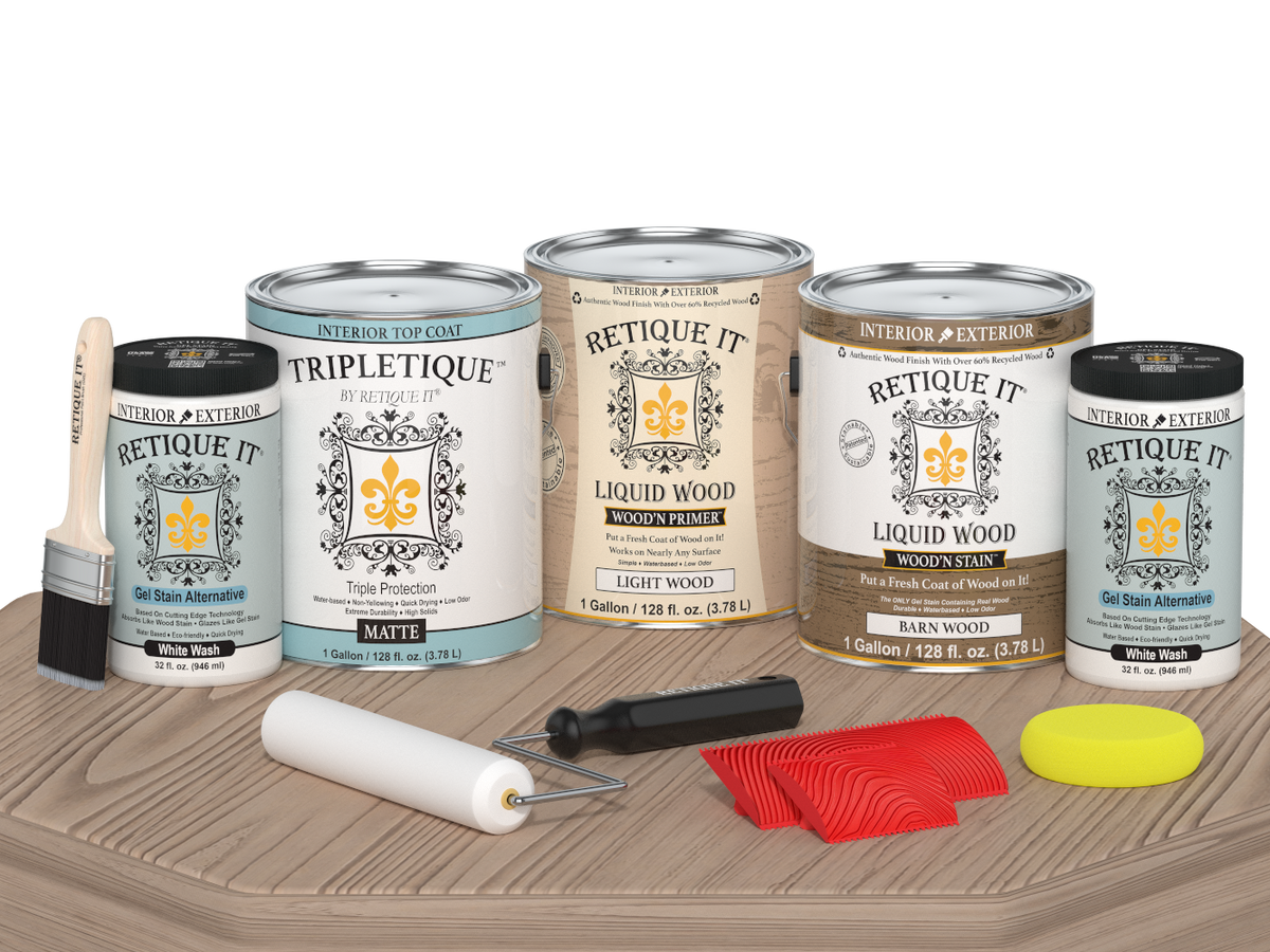 Retique It® Wood'n Kit French Oak interior top coat set with four large bottles, matte finish, for wood furniture and surfaces.
