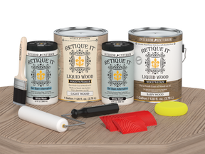 Retique It® Wood'n Finish Kit in French Oak, 4 large multi-purpose wood finishing kits displayed on a table.