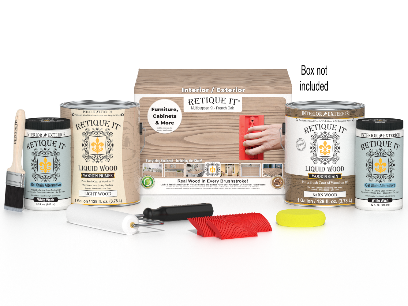 Retique It® Wood'n Finish Kit in French Oak with four large bottles for multi-purpose wood finishing projects.