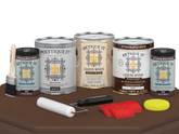 Retique It® Wood'n Finish Kit Java for exterior top coat, shown in matte finish on wood surface with applicator tools included.