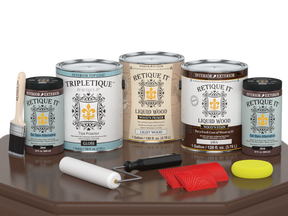 Glossy Java wood finish kit with four large containers, part of Retique It® Wood'n Finish Kits for interior top coating.