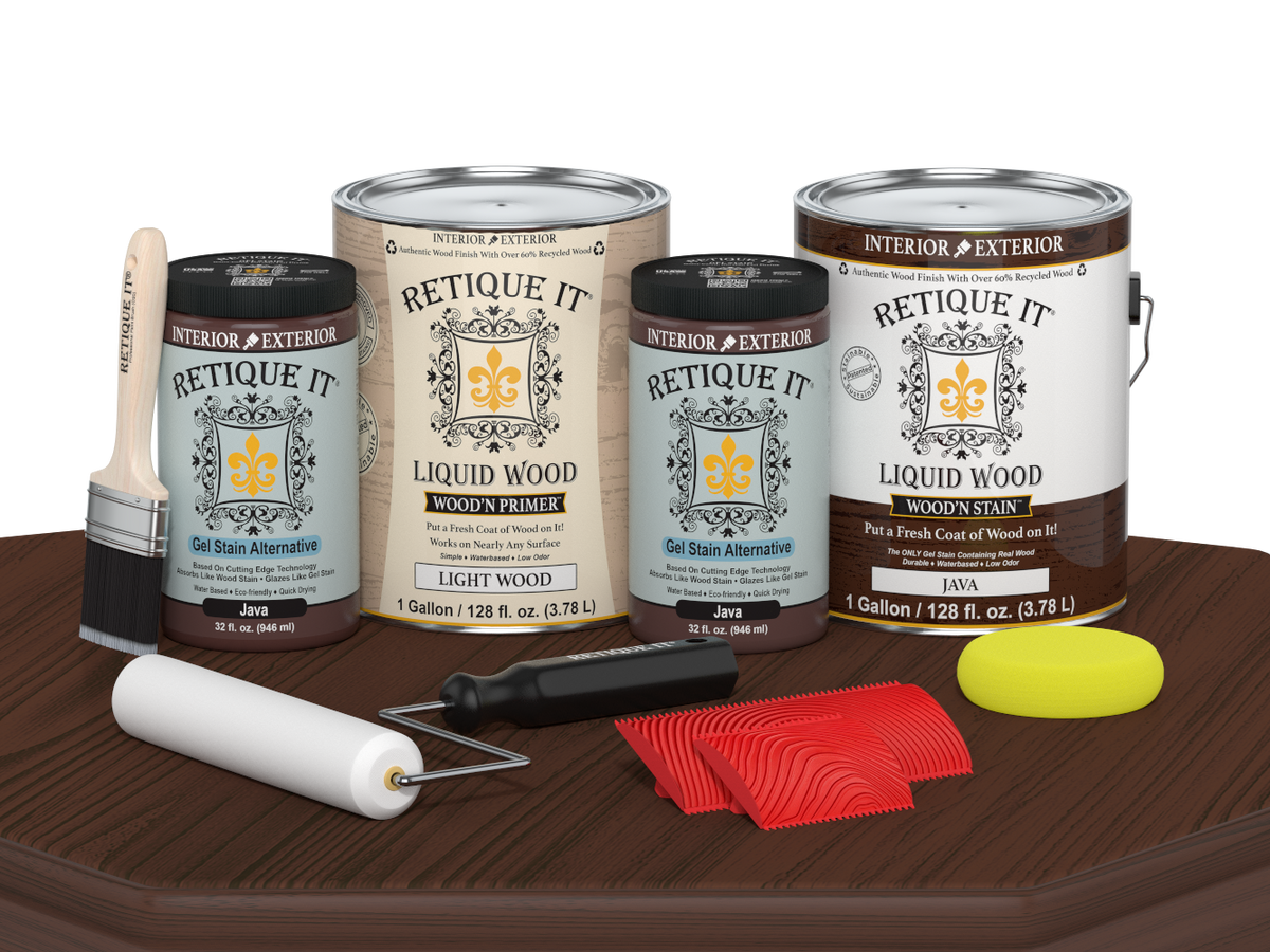 Retique It Wood'n Cabinet Kit Java stain with 48 door grained finish displayed on a table.