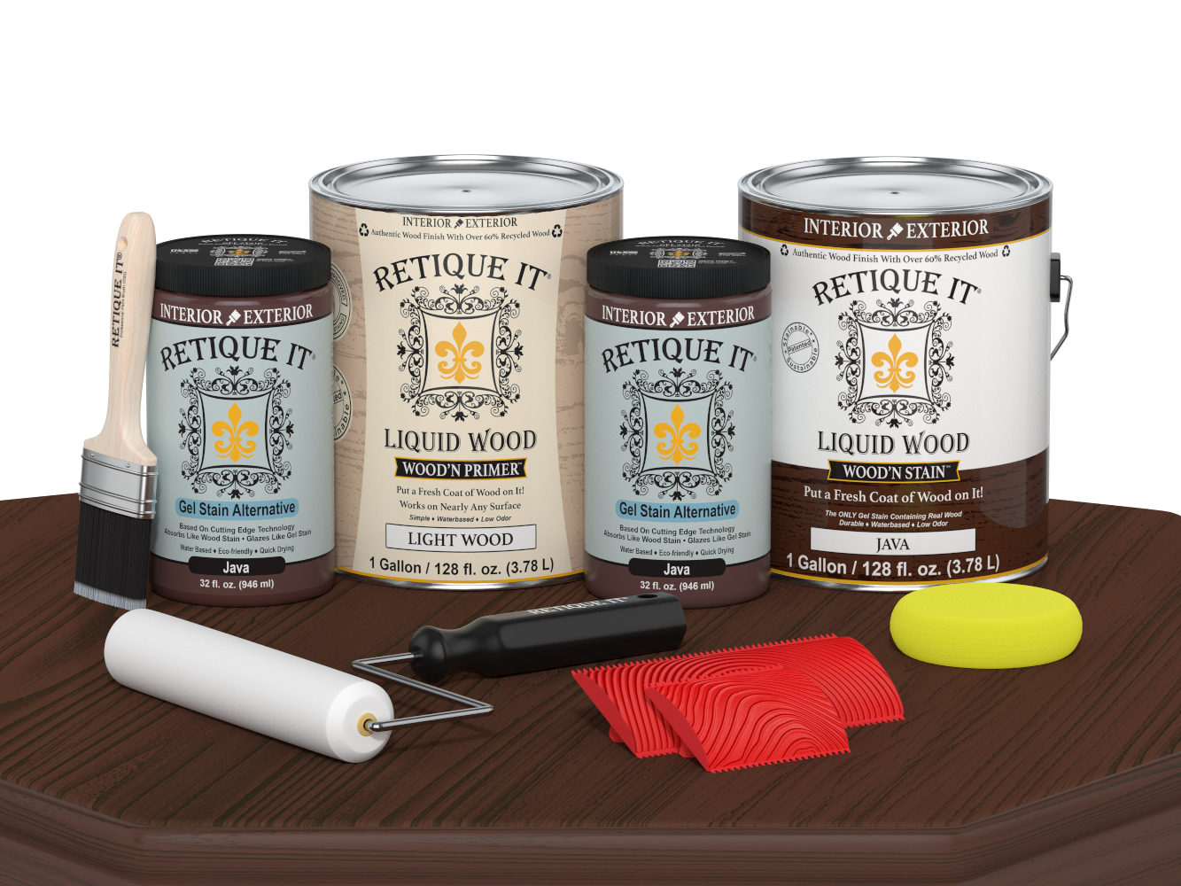 Retique It Wood'n Cabinet Kit Java stain with 48 door grained finish displayed on a table.