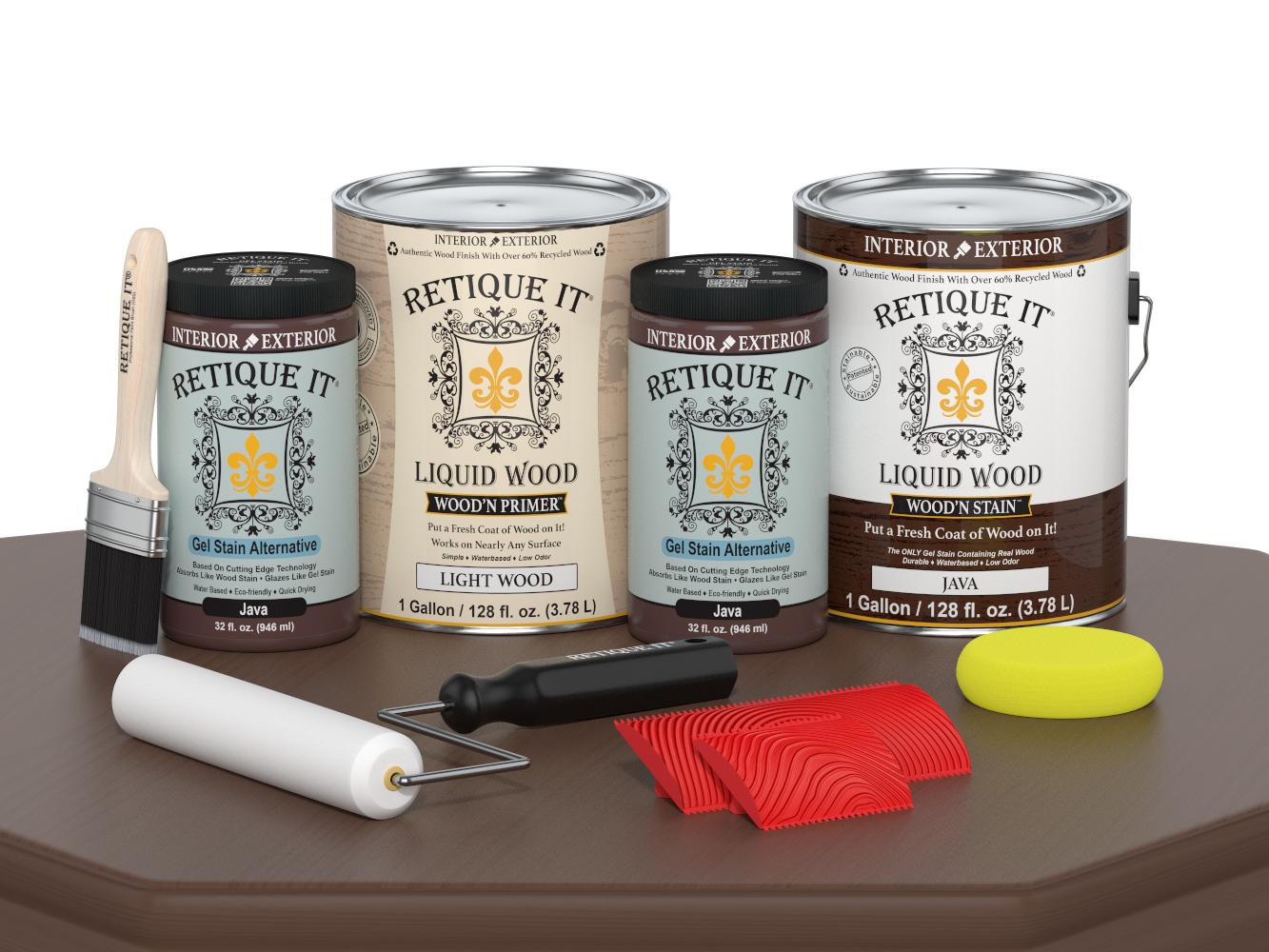 Retique It® Wood'n Finish Kit in Java, a multi-purpose wood finishing kit with four large containers, shown on a table.