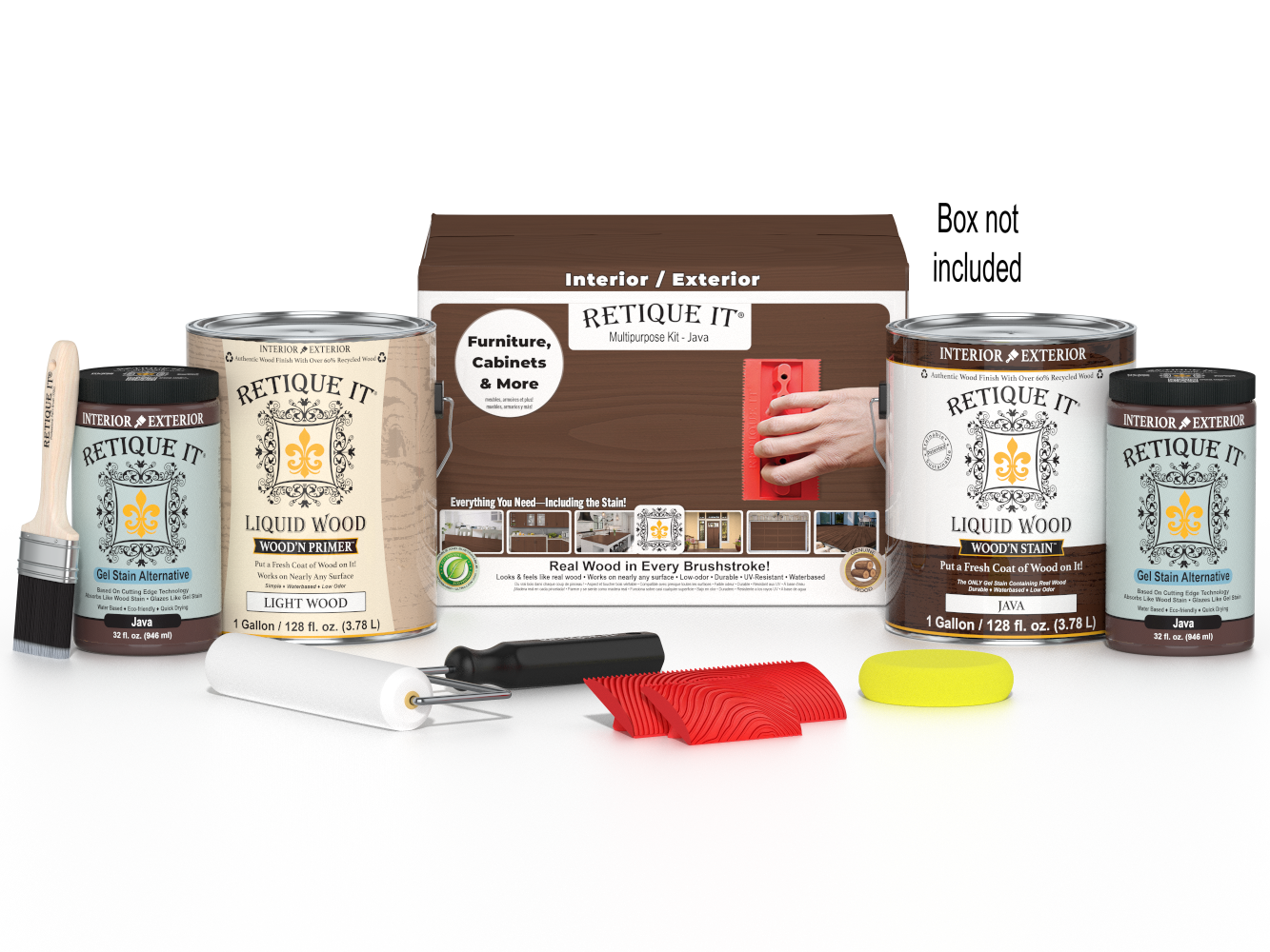 Retique It® Wood'n Finish Kit in Java with four large wood finishing applicators and accessories for multi-purpose wood projects.