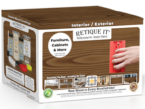 Retique It® Wood'n Finish Kit in Modern Walnut with exterior topcoat, includes four large wood finish containers, ready for wood projects.