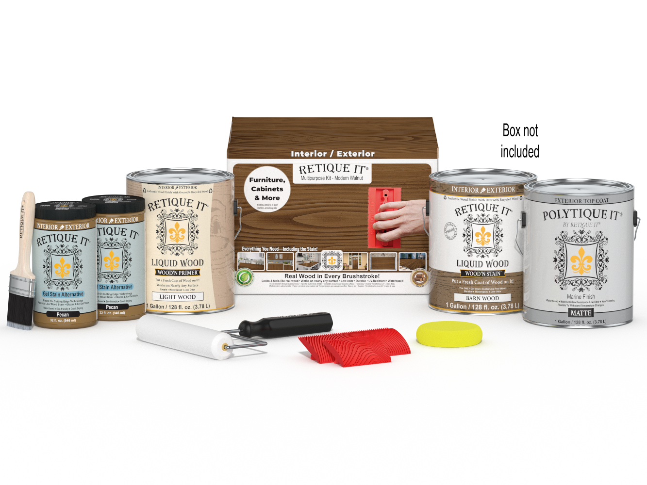 Retique It® Wood'n Finish Kit in Modern Walnut with four large exterior topcoat bottles and applicator tools on box.