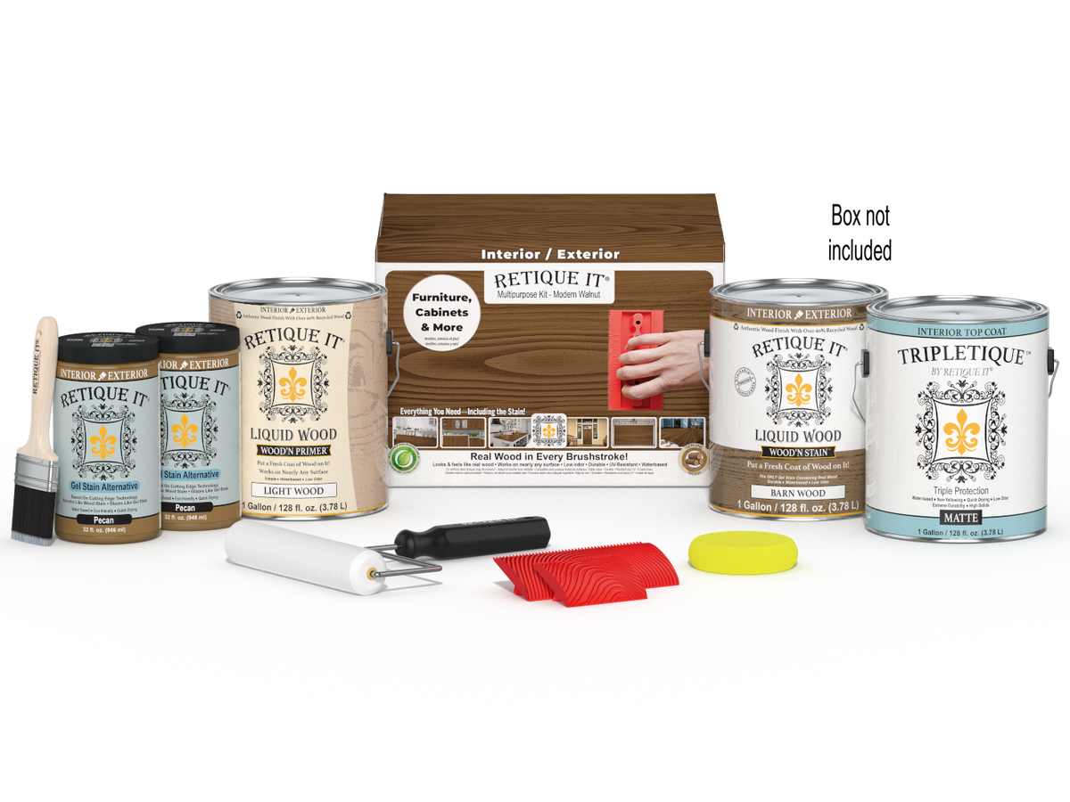Retique It® Wood'n Finish Kit in Modern Walnut with interior topcoat, featuring four large wood finishing products in a box.