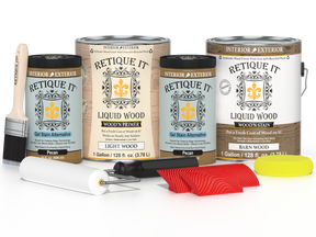Retique It® Modern Walnut Wood Kit with gallon primer and stain, gel stains, brush, roller, yellow sponge, and red graining tools.