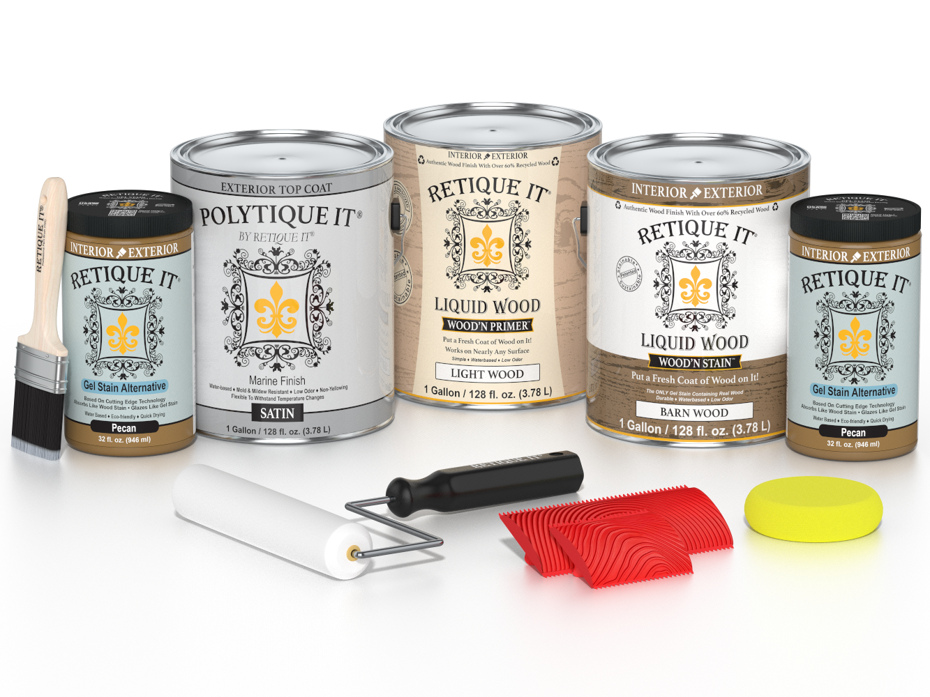 Retique It® Modern Walnut Wood Kit with gallon primer, stain, satin topcoat, gel stains, brush, roller, yellow sponge, and red graining tools.