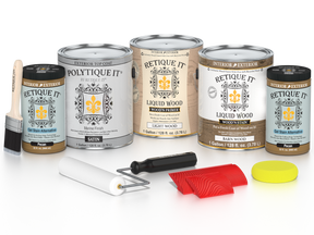 Retique It® Modern Walnut Wood Kit with gallon primer, stain, satin topcoat, gel stains, brush, roller, yellow sponge, and red graining tools.