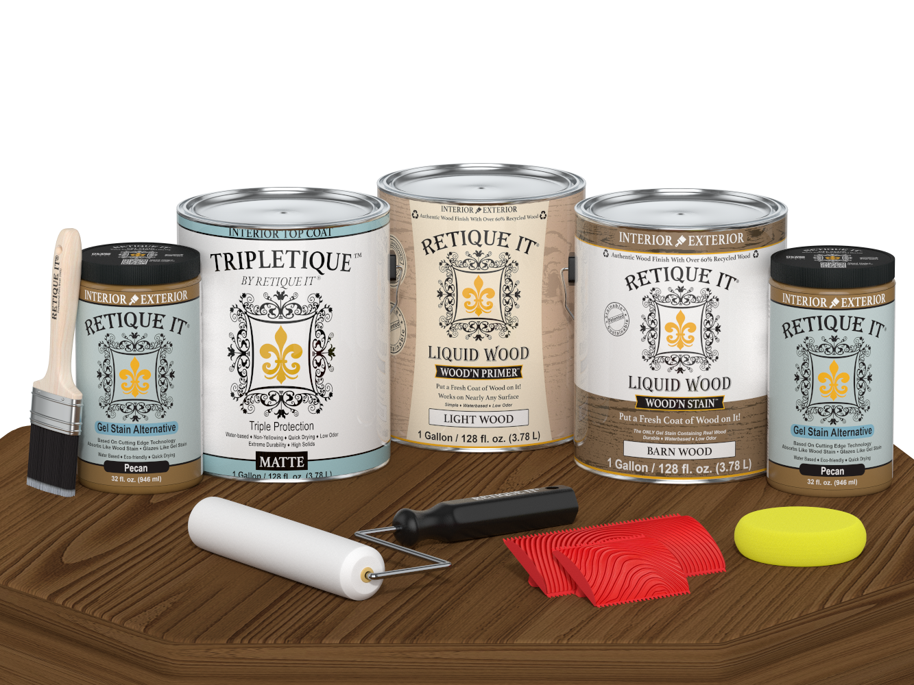 Retique It® Modern Walnut Wood Kit with gallon primer, stain, matte topcoat, gel stains, brush, roller, yellow sponge, and red graining tools.