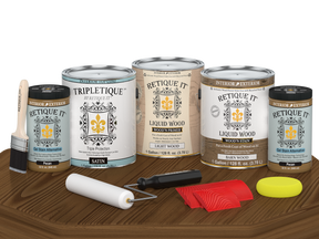 Retique It® Modern Walnut Wood Kit with gallon primer, stain, satin topcoat, gel stains, brush, roller, yellow sponge, and red graining tools.