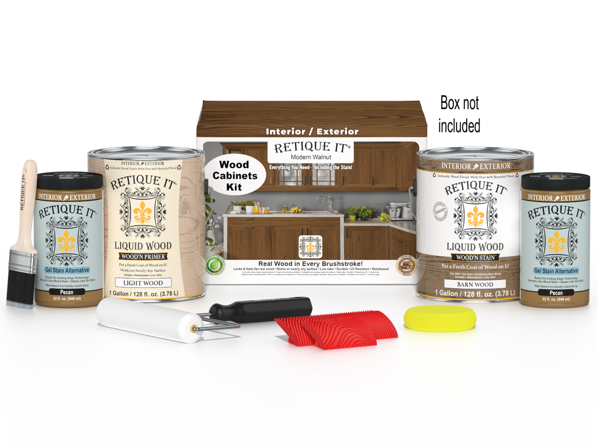 Retique It® Modern Walnut Wood Cabinets Kit with primer, stains, brush, roller, yellow sponge, red graining tools, and packaging.