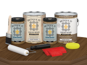 Retique It® Wood'n Finish Kit in walnut, 4 large multi-purpose wood finishing products displayed on a table.