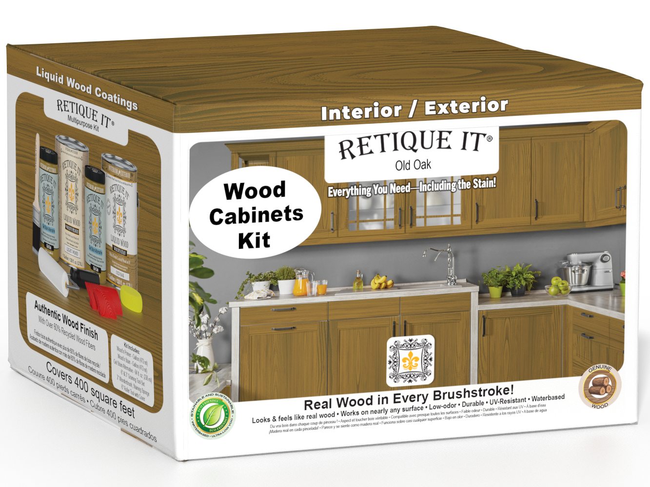 Retique It Wood'n Cabinet Kit in Old Oak stain with 48 grained cabinet doors, featuring a natural wood finish and detailed grain pattern.