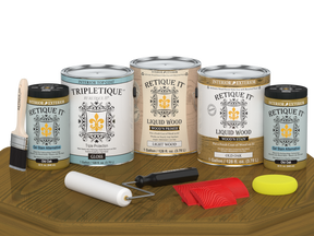 Retique It® Wood'n Cabinet Kit with 48 grained old oak doors and gloss stain finish, shown on a table.