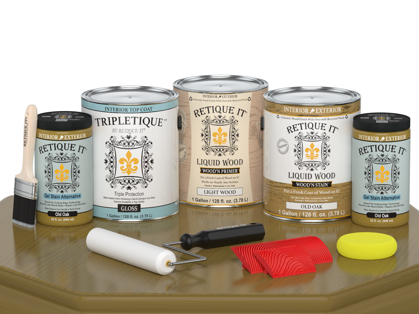 Retique ItÂ® Wood'n Finish Kit in Old Oak, glossy interior top coat, showing four large bottles of wood finish for furniture.