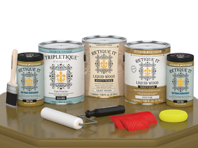 Retique ItÂ® Wood'n Finish Kit in Old Oak, glossy interior top coat, showing four large bottles of wood finish for furniture.
