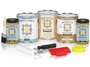 Glossy Old Oak Wood'n Finish Kit by Retique ItÂ® with four large containers, ideal for interior wood top coating projects.