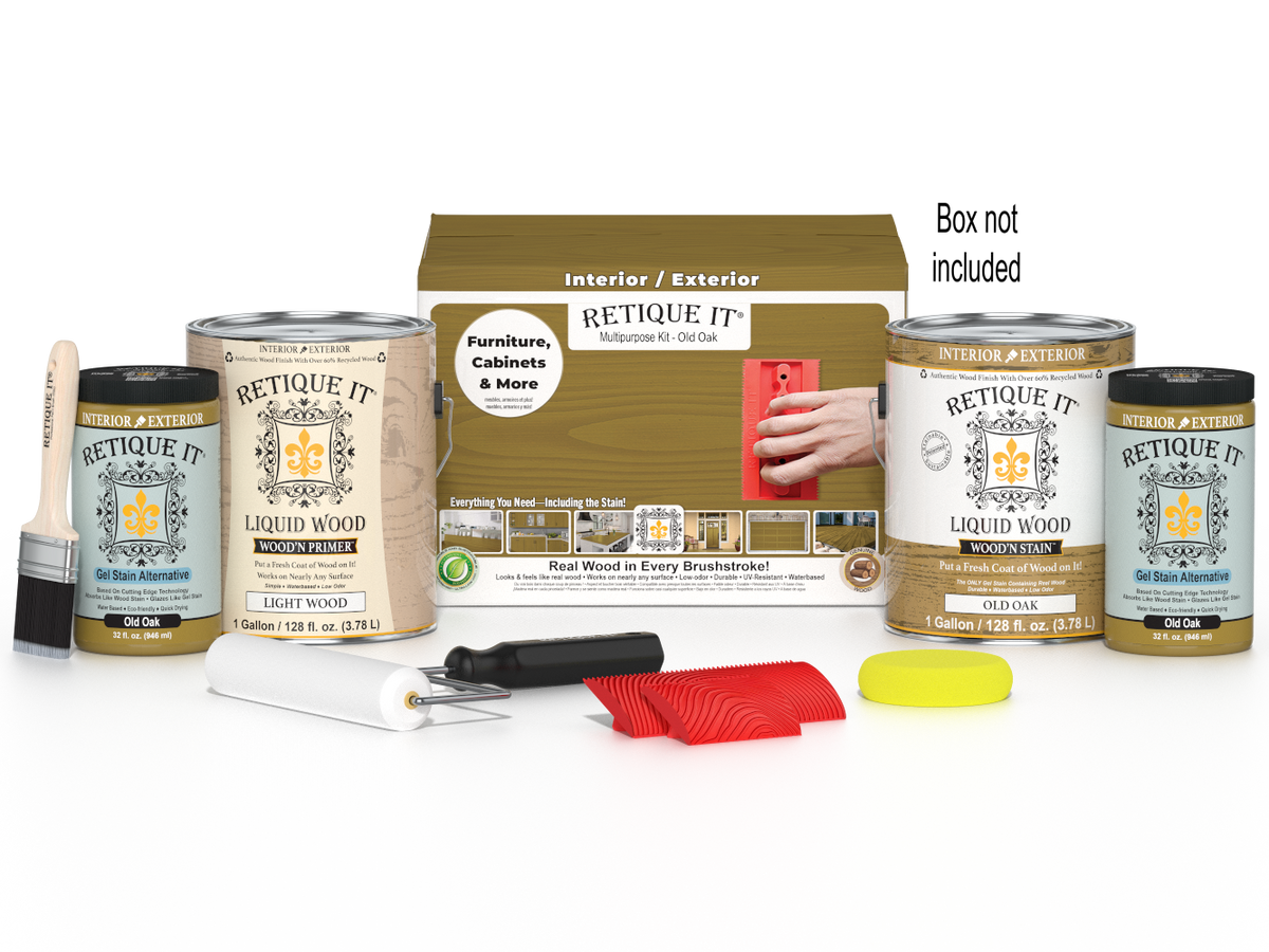 Retique It® Wood'n Finish Kit in Old Oak, 4 large bottles, showcasing natural wood finish with brushes and applicators included.