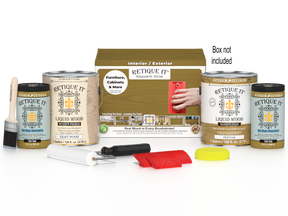 Retique It® Wood'n Finish Kit in Old Oak with four large wood stain samples and application tools for multi-purpose wood finishing.