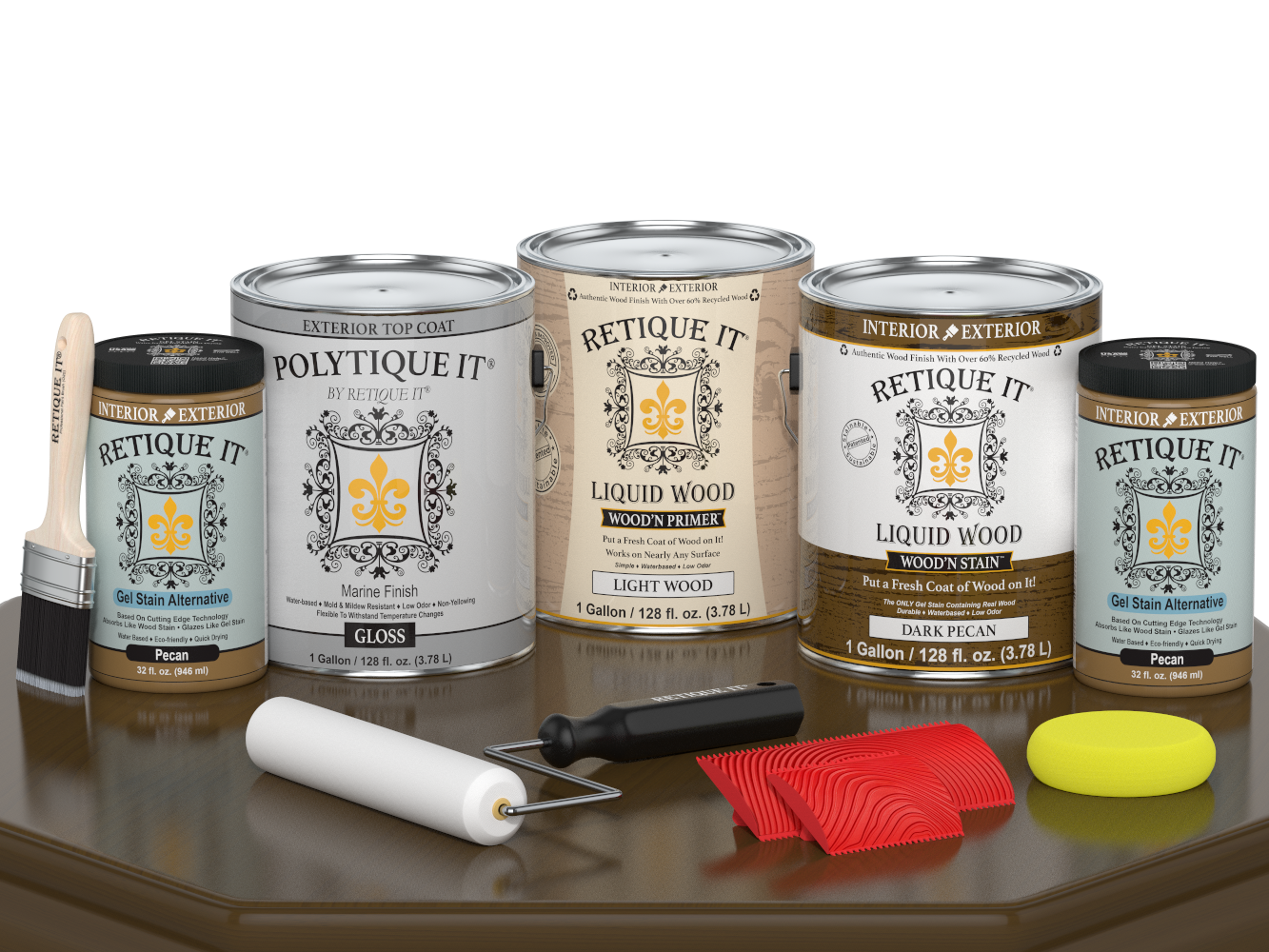 Dark Pecan Wood'n Finish Kit by Retique It®, exterior top coat set with four large wood finishing products on table.
