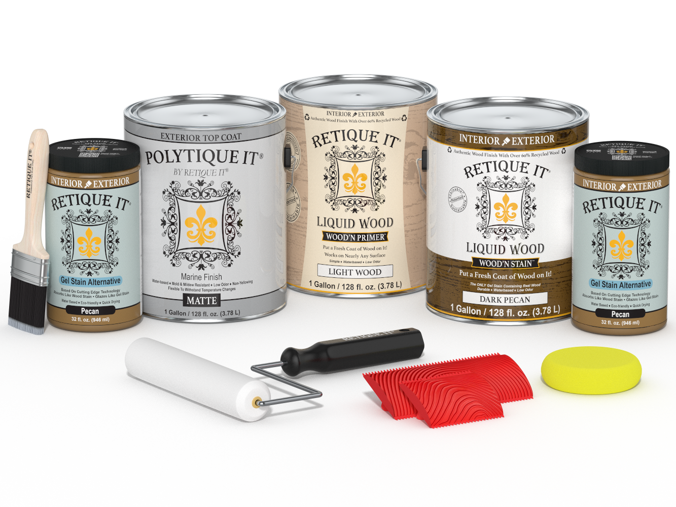 Retique It® Wood'n Finish Kit in Dark Pecan, large exterior top coat set with four matte wood finishing products.