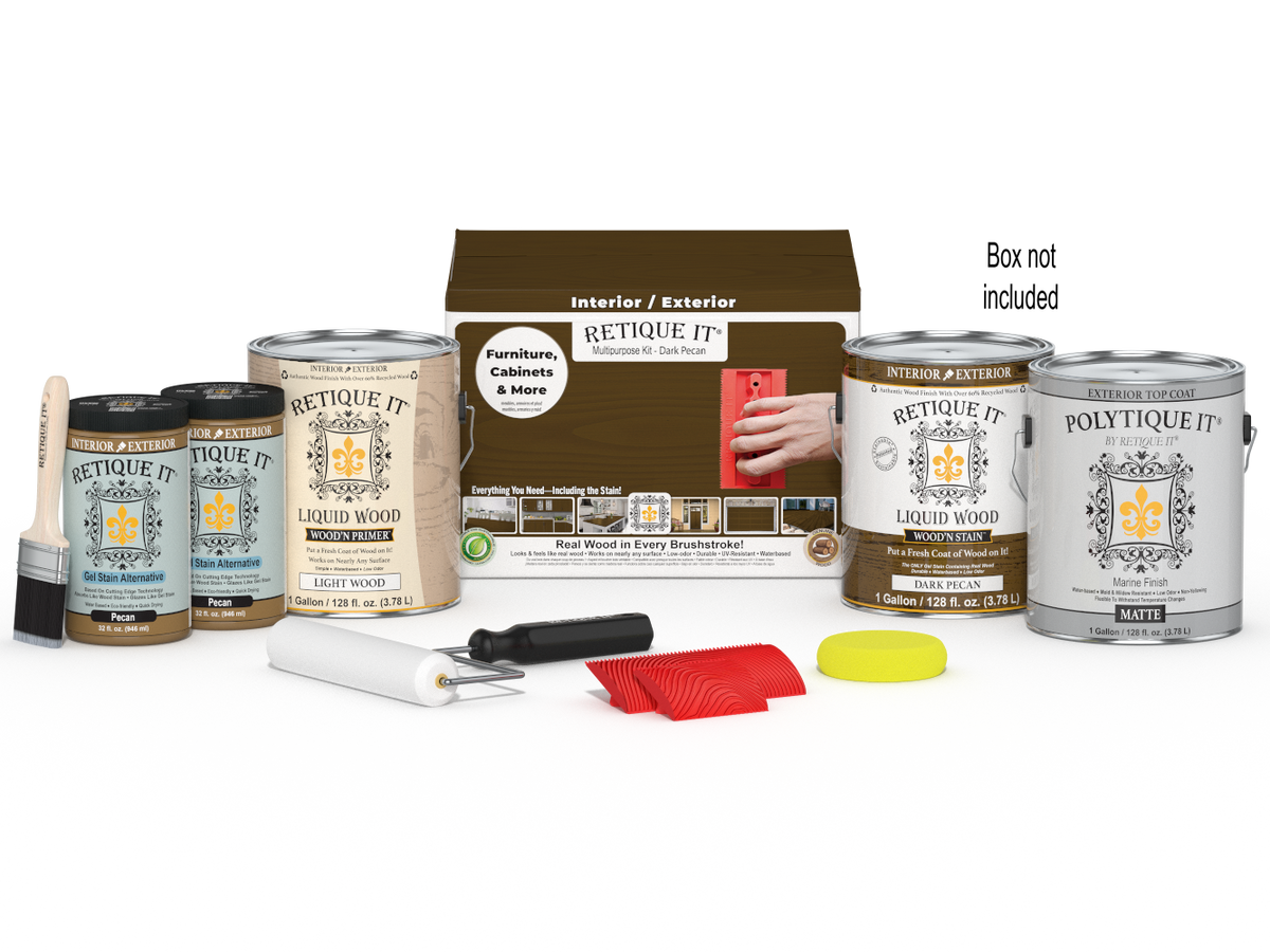 Retique It® Wood'n Finish Kit in Dark Pecan with four large containers and applicator tools for exterior wood finishing.