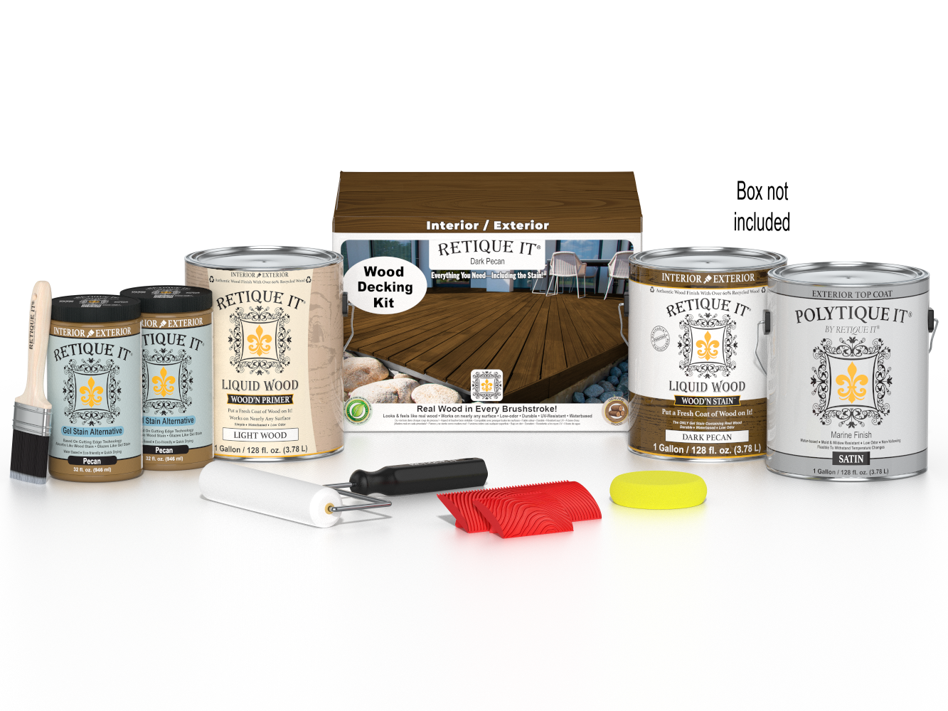 Retique It Dark Pecan Decking Wood'n Kit with stain and application tools for wood decking projects.