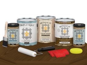 Dark Pecan Wood'n Cabinet Kit stain by Retique It® with a matte finish, featuring 48 grained cabinet doors on a table.
