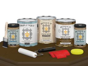Dark Pecan Wood'n Finish Kit by Retique It® with four large bottles of interior top coat for wood furniture and projects.