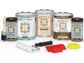 Retique It® Wood'n Kit in Dark Pecan with matte finish, includes four large containers of interior top coat for wood finishing.
