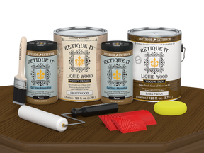 Retique It® Wood'n Cabinet Kit with 48 grained dark pecan stain, showing a finished cabinet door with rich wood grain detail.