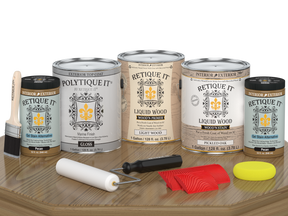 Retique It® Wood'n Finish Kit in Pickled Oak, 4-pack, exterior top coat for wood surfaces, glossy finish on a table.