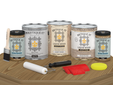 Retique It® Wood'n Finish Kit in Pickled Oak with matte top coat, includes four large containers for exterior wood finishing.