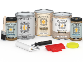 Retique It® Wood'n Finish Kit in Pickled Oak for exterior wood, includes four large matte top coat containers.