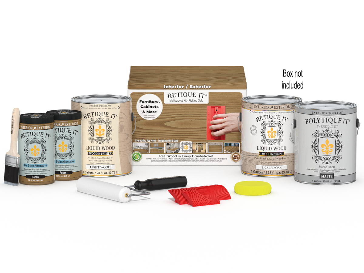Retique It® Wood'n Finish Kit in Pickled Oak with four large exterior top coat bottles and applicator tools.