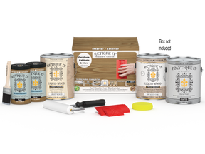 Retique It® Wood'n Finish Kit with four pickled oak exterior top coat bottles and applicator box for wood finishing projects.